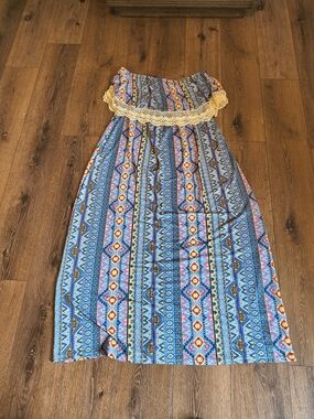 Rue21 Blue Multi-Pattern Off-Shoulder Maxi Dress with Cream Crochet Trim